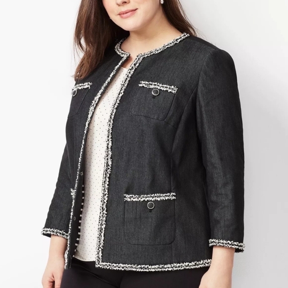 NWT Talbots Petite Tweed Fringe Denim Lined Patch Pockets Business Blazer Sz 8P - Picture 3 of 15